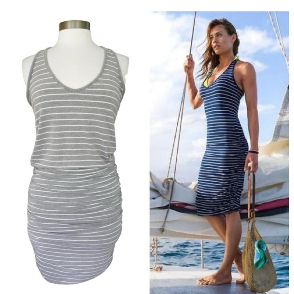 Athleta Striped Gray and White racer back Tank Mid/ Midi Dress S